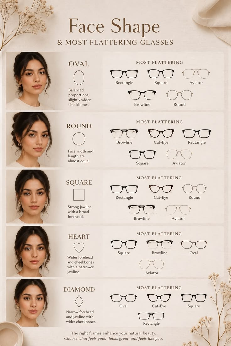 Glasses for different face shapes chart showing oval, round, square, heart, and diamond face types with recommended frame styles